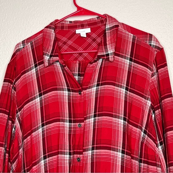J Jill Womens 2X Red Plaid Button Up Tunic Top Long Sleeve Shirt Pockets - Picture 2 of 9